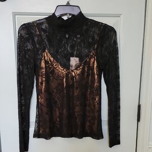 Johnny Was Black Lace Long-Sleeve Top with Bronze Metallic Slip